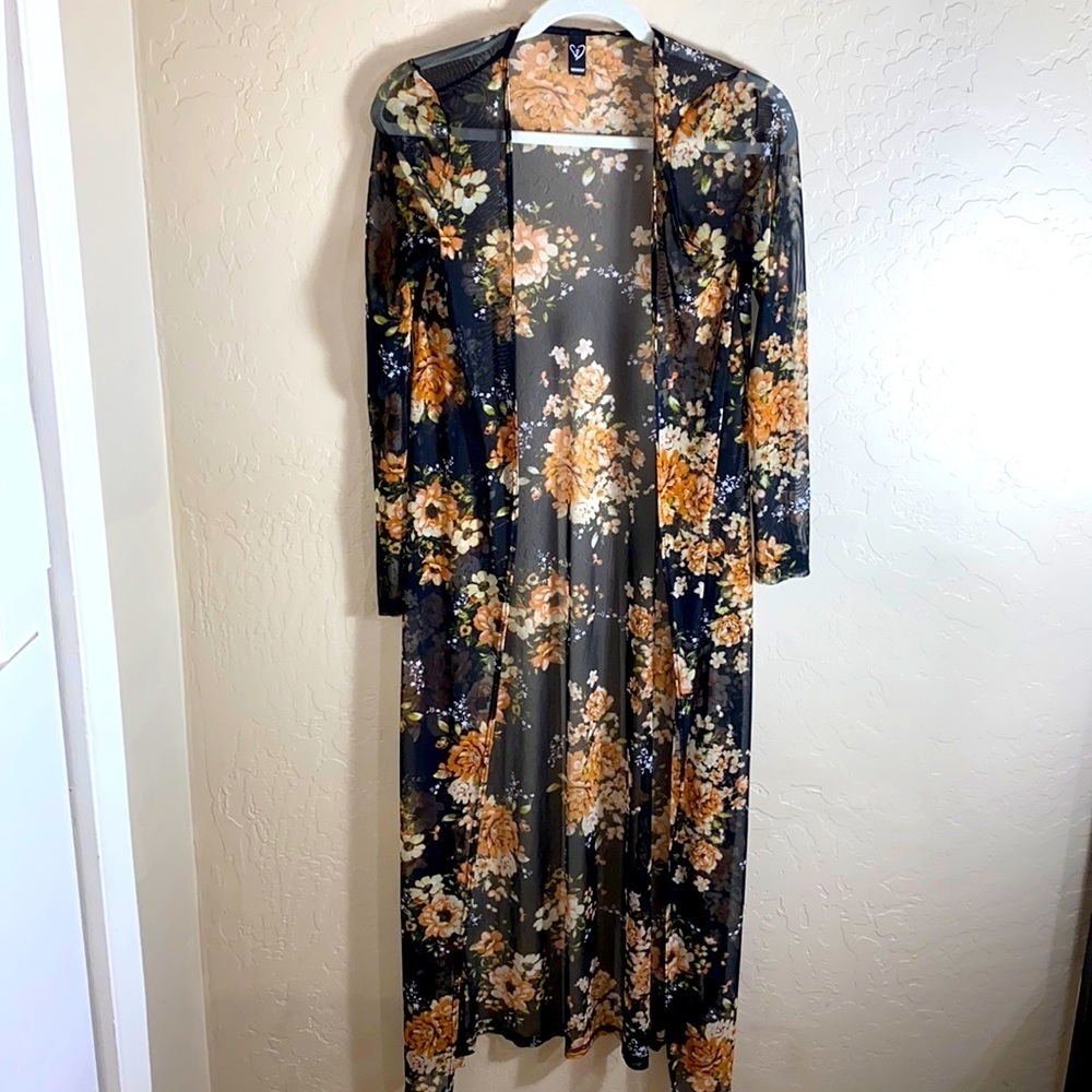 Floral Sheer Duster Cardigan - Black with Mustard Floral